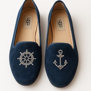 UGG Navy Blue Alloway Crystal Bow Flats Nautical Anchor Slip On Velvet Size 6